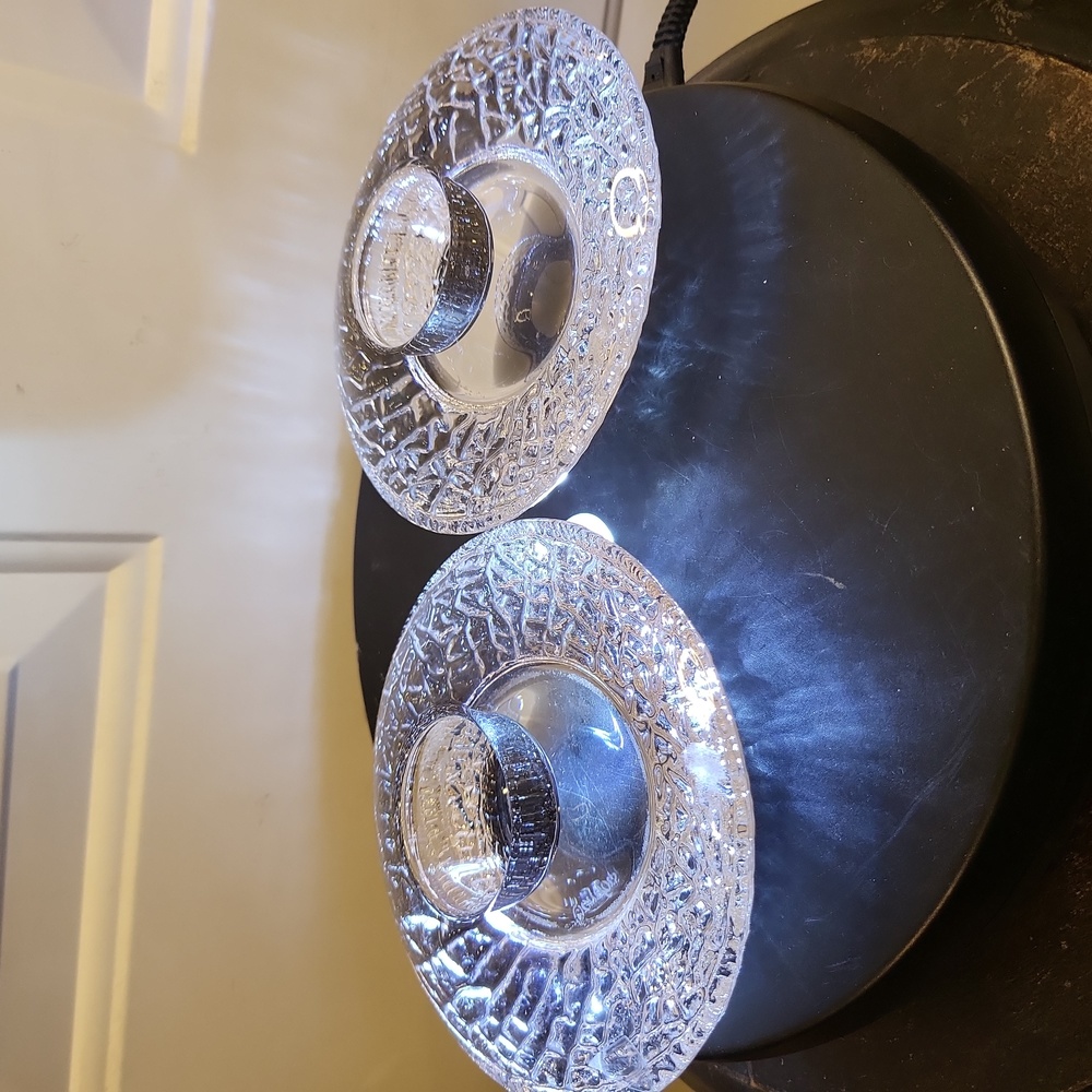 Orrefors Sweden Crystal Pair of Discus Ice Signed Candle Holder Votives